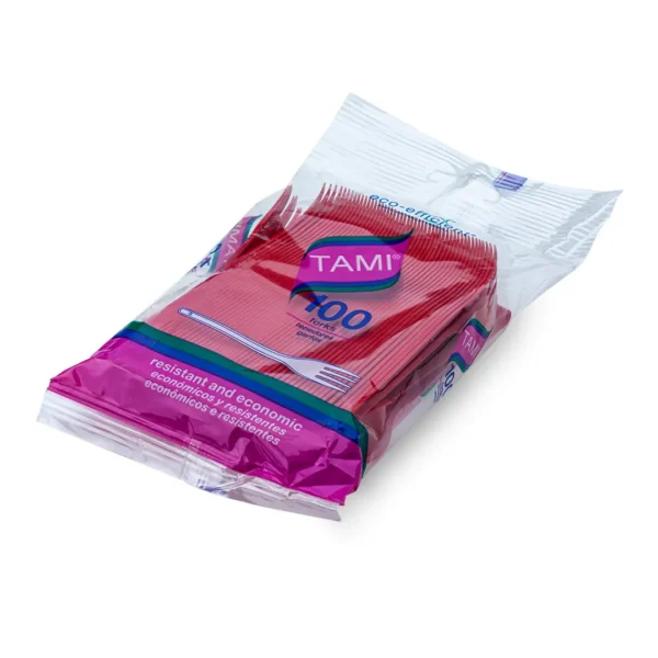 Tenedor descartable rojo Tami 11 cm x100 unidades