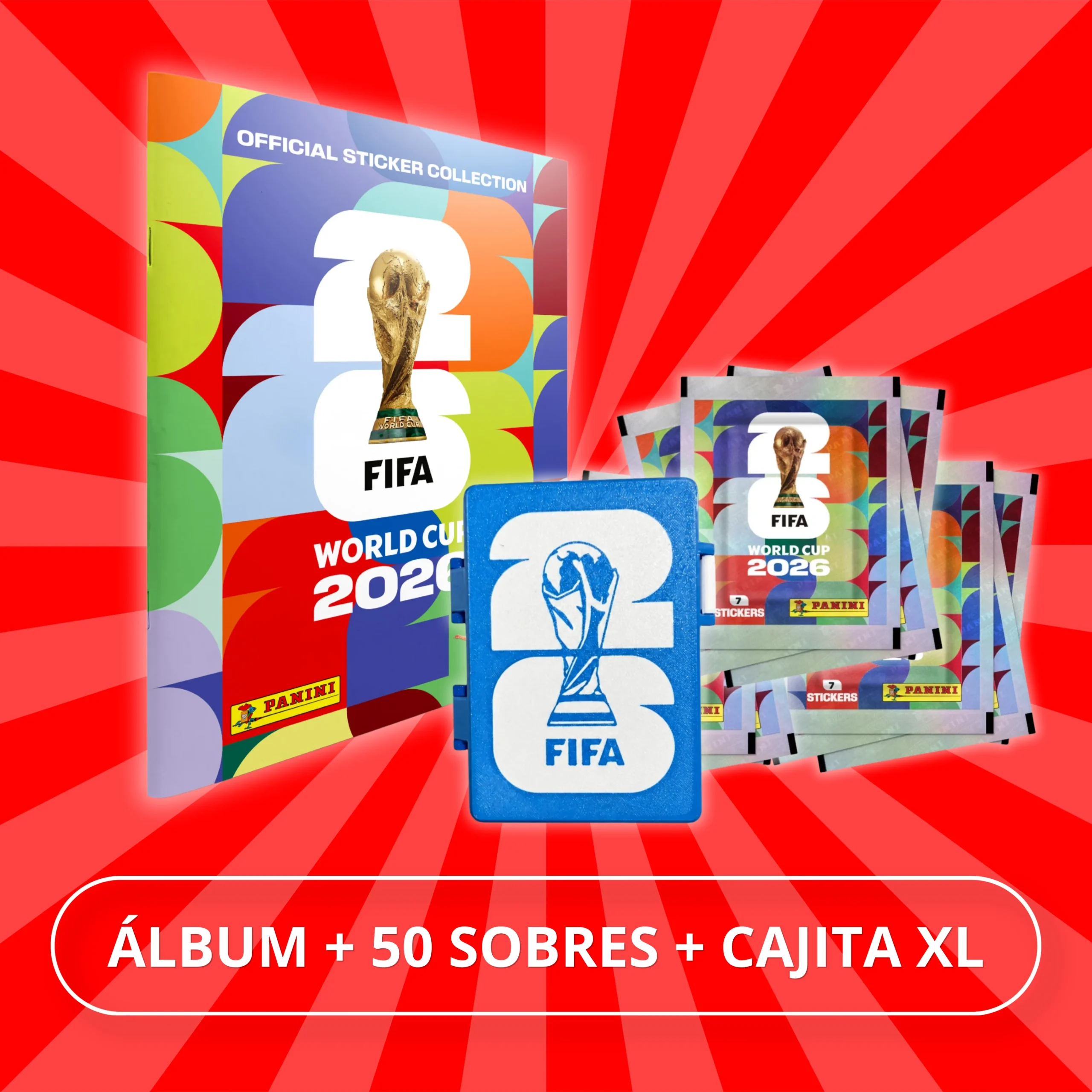 50 Sobres Figuritas Panini Mundial 2026 + Álbum + Caja Organizadora