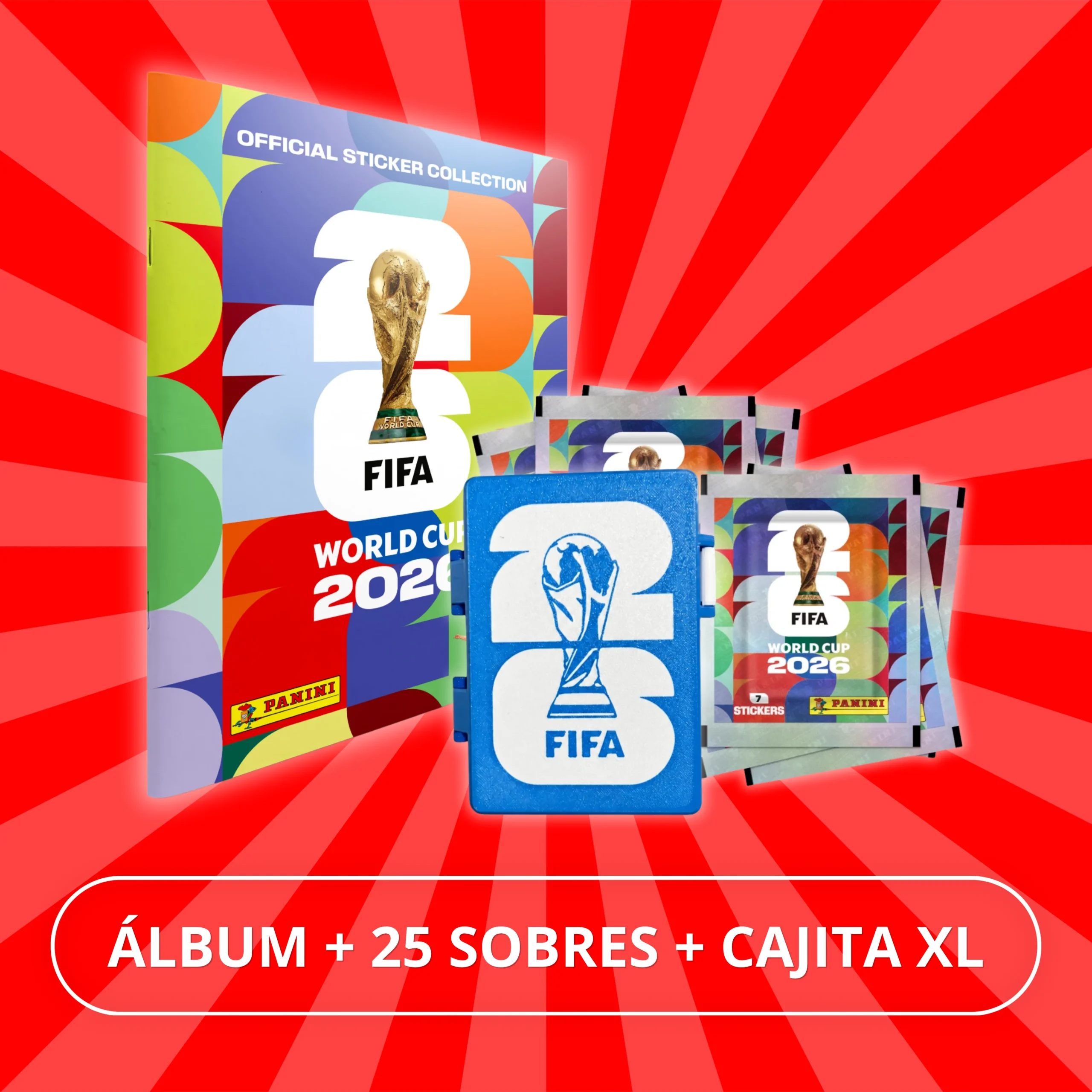 25 Sobres Figuritas Panini Mundial 2026 + Álbum + Caja Organizadora