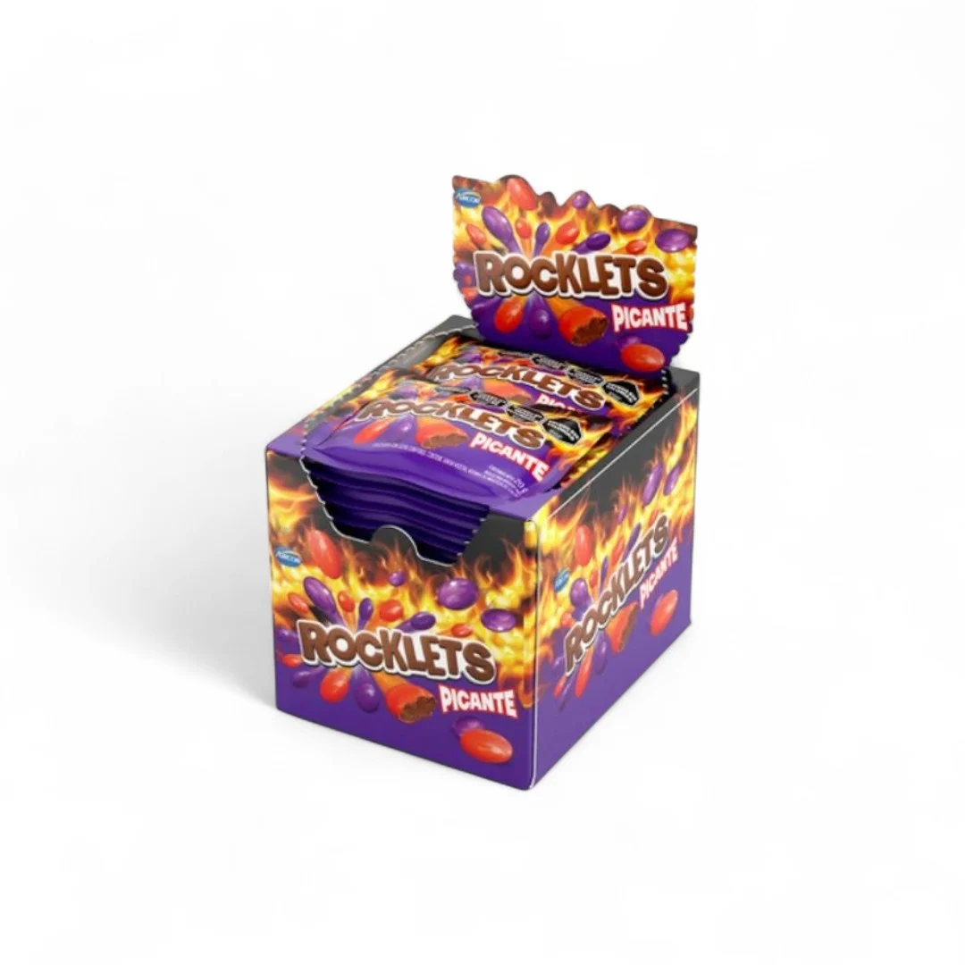 Rocklets Picante 20 g Caja x24 – Confites de Chocolate con Toque Picante