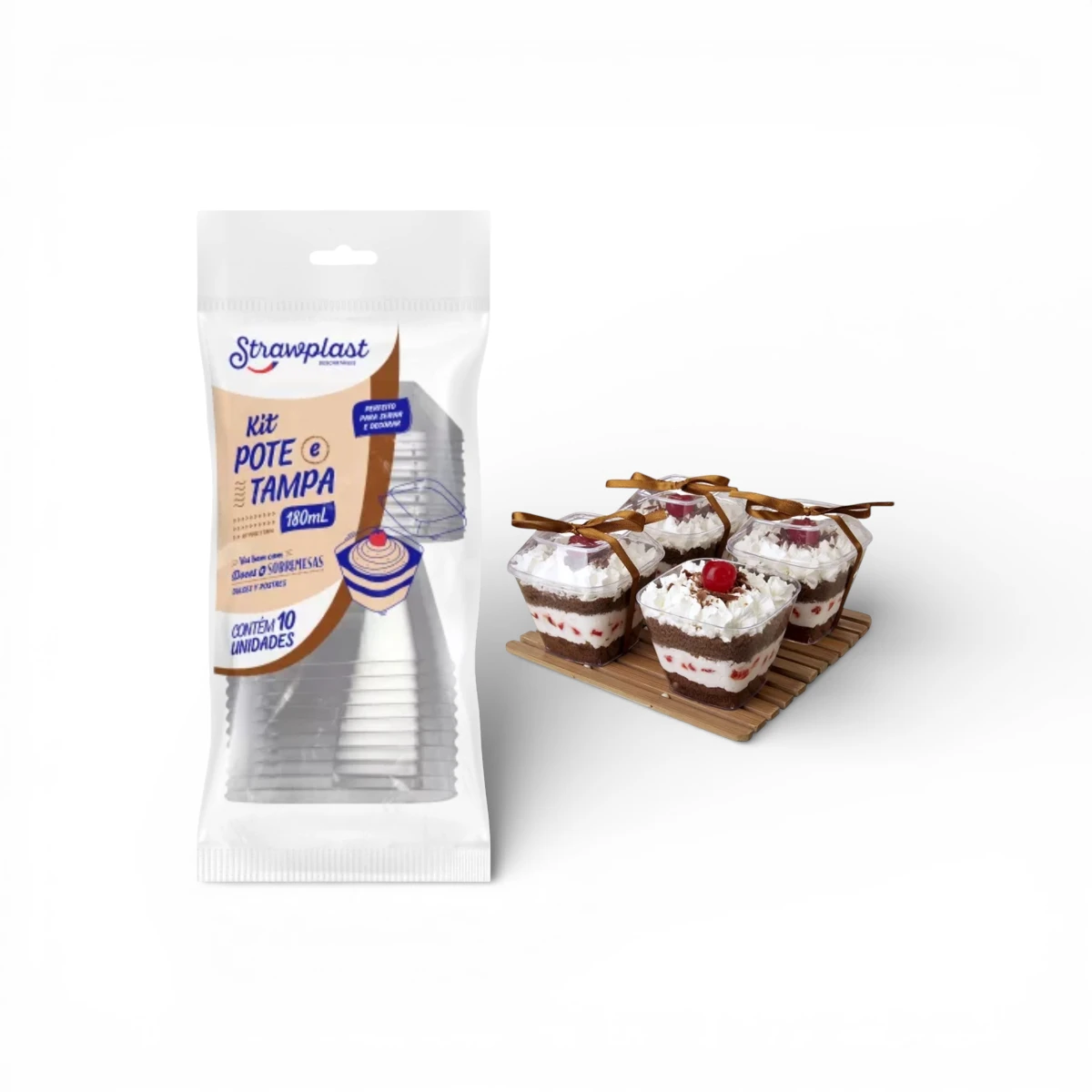 Vaso Pote con Tapa Strawplast 180ml x10u – Postre